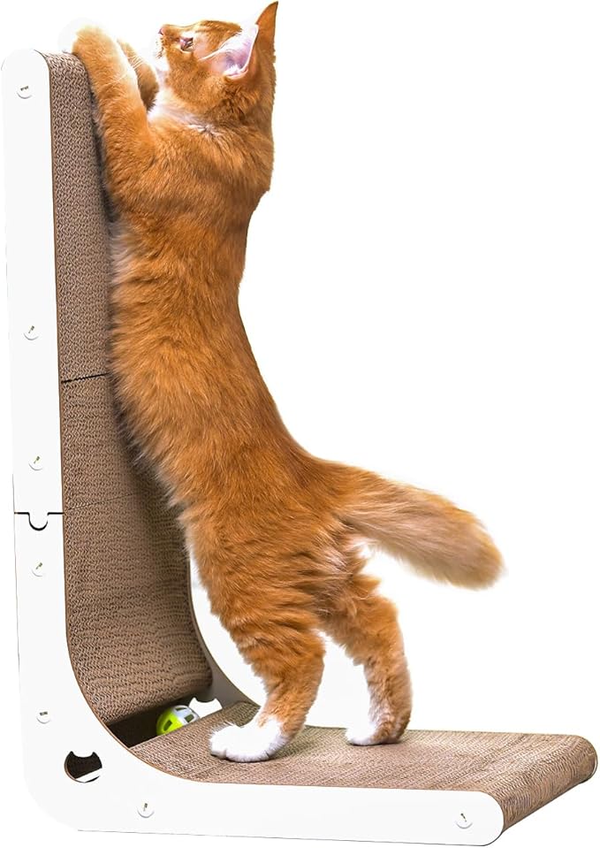 Cat Scratcher Cat Claw Board L-Shaped Vertical Simple and Durable Cat Claw Board Not Easy to Drop Scraps Belt Bell Ball Cat Scratching Board(White)
