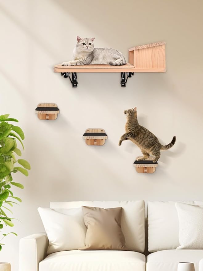 Cat Wall Shelves, Cat Shelves with 3 Cimbing Wall Steps & Cat Feeding Bowls Station, Cat Hammock and Perches for Wall, Cat Wall Furniture Set, Cat Climber Shelves Cat Scratching Post