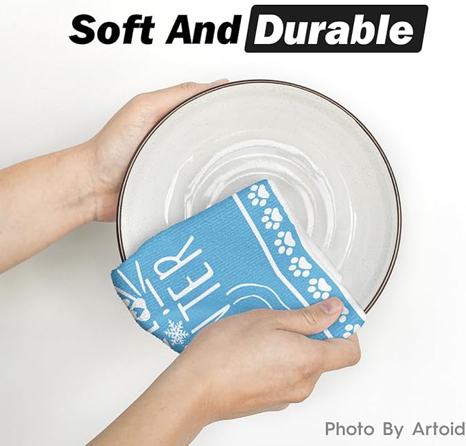 Artoid Mode Blue Cat Hello Winter Kitchen Towels Dish Towels, 18x26 Inch Print Snowflakes Christmas Decoration Hand Towels Set of 2