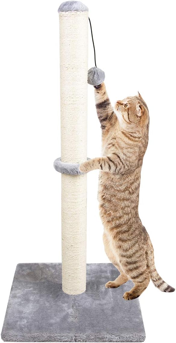 Dimaka 34" Tall Cat Scratching Post for Large Cats and Kittens, High Vertical Scratcher with Premium Natural Sisal Rope and Interactive Hanging Ball for Indoor Cats(Grey, 34 inches)