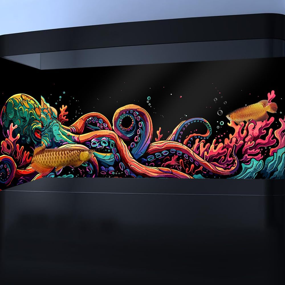 48X18IN Blacklight Octopus Sea Monster HD 3D Black Light Aquarium Background UV Reactive Background Terrarium Background with 10 EVA Double-Sided Tape