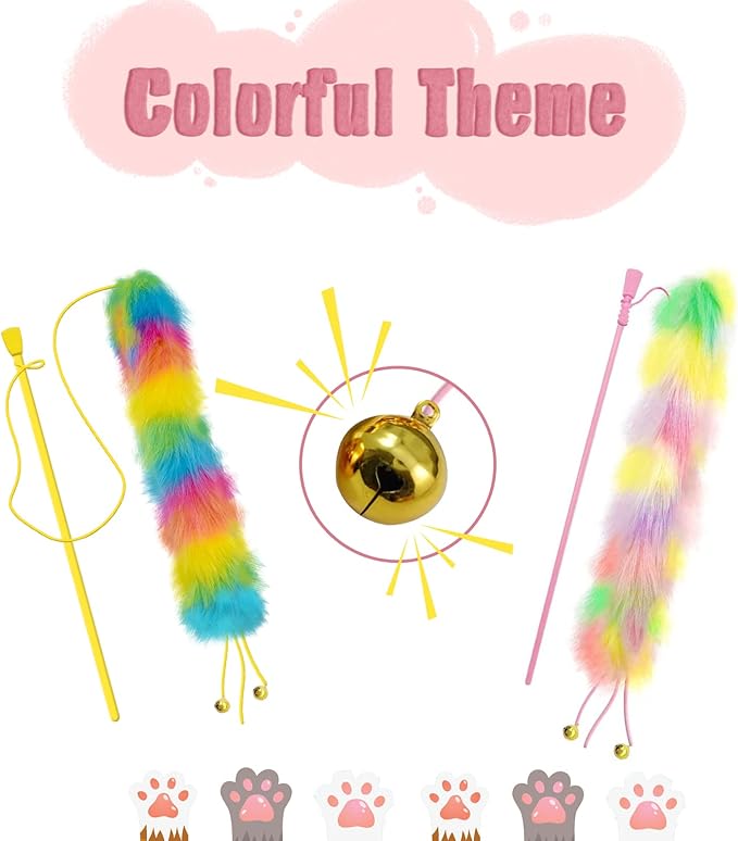 2 Pack Cat Wand Toy, Rainbow Cat Feather Toys with Bells, Cat Teaser Wand with Soft Furry Tail, Interactive Cat Toys for Indoor Cats & Kitten & Kitty