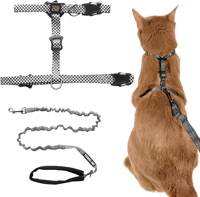 Travel Cat Harness and Bungee Leash Set - 2 in 1 Adjustable Escape Proof Cat Harness & Leash for Small, Medium, Large Cats, Kitten - Safe H-Style Cat Leash Harness for Outdoor Walking (Checkered)