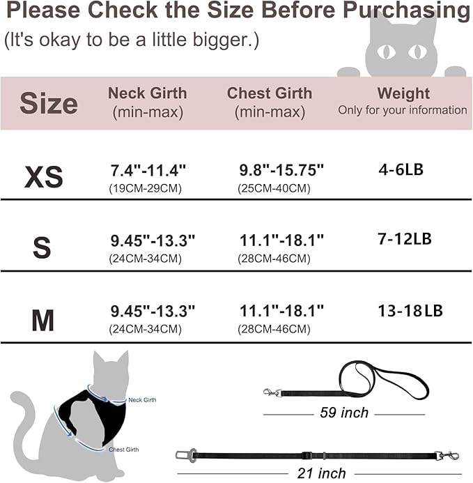 Cat Harness and Leash Set, Cat Car Harness, Soft and Breathable Vest with Reflective Strip, Anti Escape Adjustable Cat Harness, Easy to Wear for Cats Walking and Traveling, Black, M