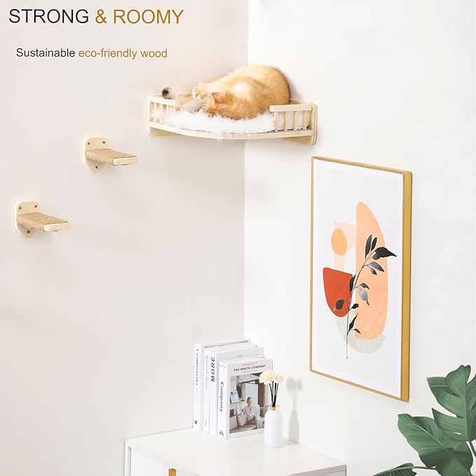 Cat Wall Shelves, Cat Shelves and Perches for Wall, Corner Cat Shelf, Cat Wall Furniture with 3 Steps Scratch Post, Cat Bed Hammock with Plush Covered, Climbing Shelf for Indoor Cats (Wood)