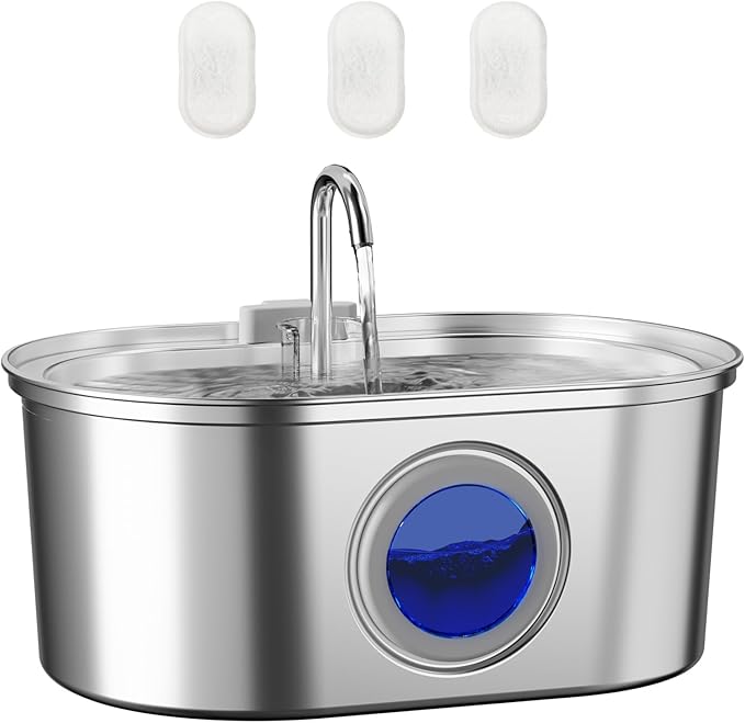 Automatic Cat Water Fountain Stainless Steel, 0.8gal/108oz Pet Water Fountain, 3 Replacement Carbon Filters, Quiet Pump, Suitable for Cats, Dogs and Multi-pet households (Elliptical)