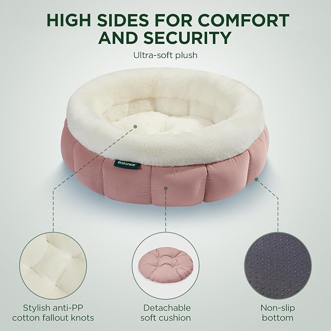 BALANCE Round Cat Beds for Indoor Cats - Donut Dog Bed for Medium Dogs, Washable Medium Pet Bed, Round Fluffy Plush Faux Fur Cat Bed with Anti-Slip Bottom
