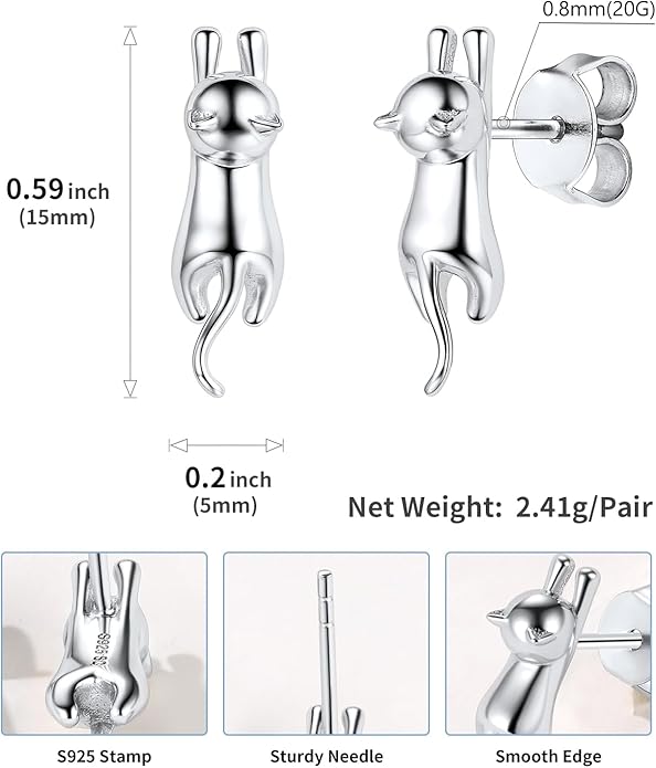 SILVERCUTE Cat Earrings for Women Girls 925 Sterling Silver Hypoallergenic Lovely Animal Stud Earrings Cat Lovers Gift