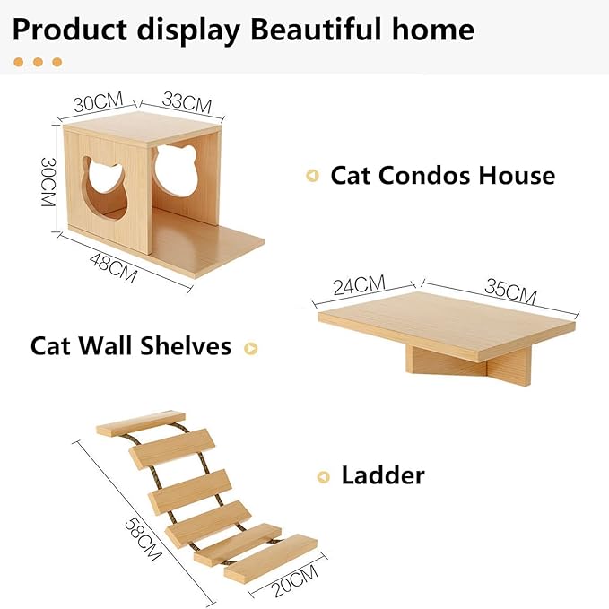Cat Wall Shelves/Furniture, Shelves, Perches and Steps Set with 2 Cat Condos House, 6 Shelves, 2 Ladder, 1 Sisal Cat Scratching Post