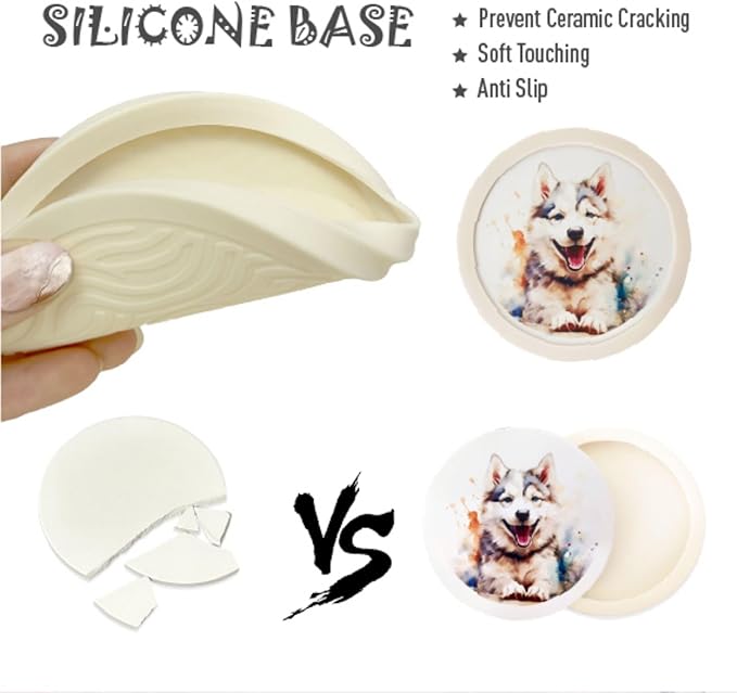 6 Pack Cute Dog Pattern Coasters with Deep Tray Holder, Double Sided Drink Coasters, Beverage Mats for Hot or Cold Drinks, Non-Slip, Non-Stick Silicone with Ceramic Insert Pet Patterned Coaster