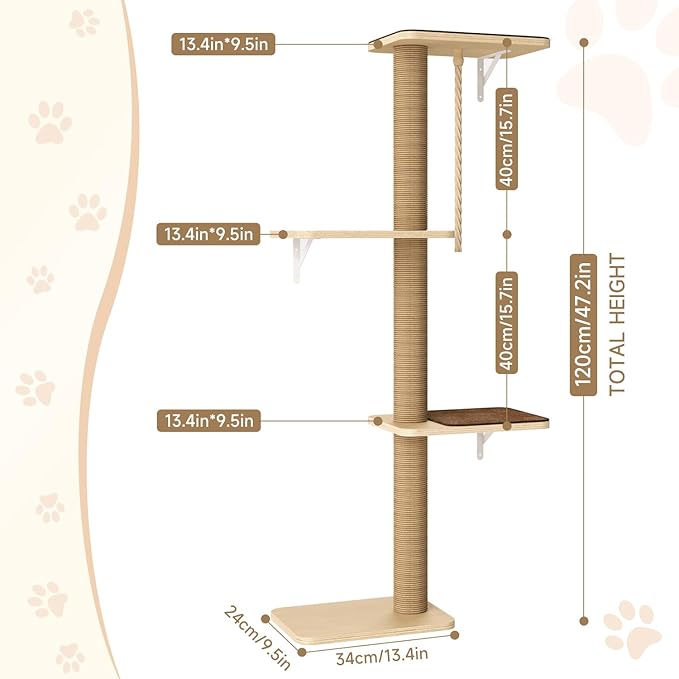 Cat Tree Wall Mounted 4 Tier at Climbing Wall Shelves with Scratcher Post for Indoor Cats Activity, Large Cat Wall Furniture with Cat Pads and Rope