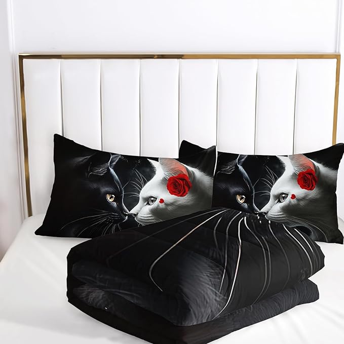 AILONEN Rose Cat Comforter Set Queen Size, Black & White Cat Couple Bedding Set for Kids Boys,Valentine Room Decor Romantic Duvet Set 3 Pieces, 1 Quilt and 2 Pillowcases
