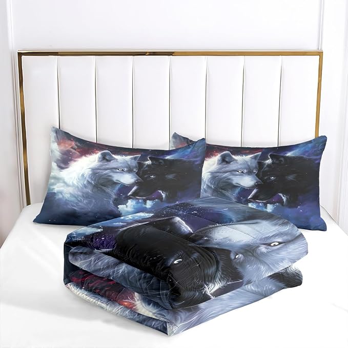 Animal Print Comforter Set Queen Wolf Bedding Set Wild Animals Bedding Black White Wolves Couple Comforter Soft Down Comforter with 2 Pillowcases