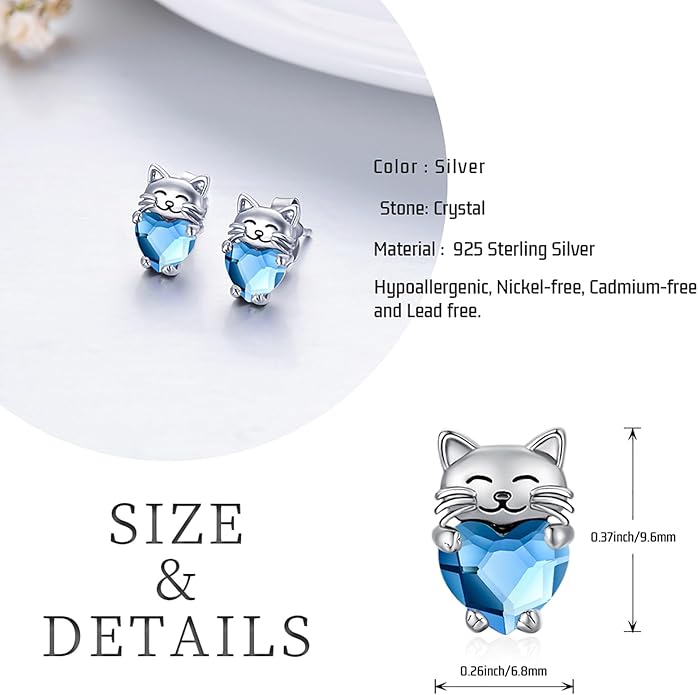 925 Sterling Silver Cat Earrings Cute Animal Kitten Stud Earrings cat Jewelry Gifts for Women Girls Hypoallergenic Earrings for Sensitive Ears