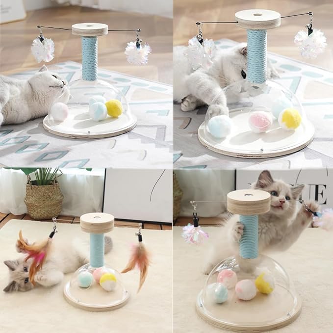 Marchul Cat Ball Toy with Hanging Balls, Wooden Cat Fetch Ball Toy, Sisal Scratcher Interactive Kitten Fun Track Toy for Indoor Cats Physical Exercise, S