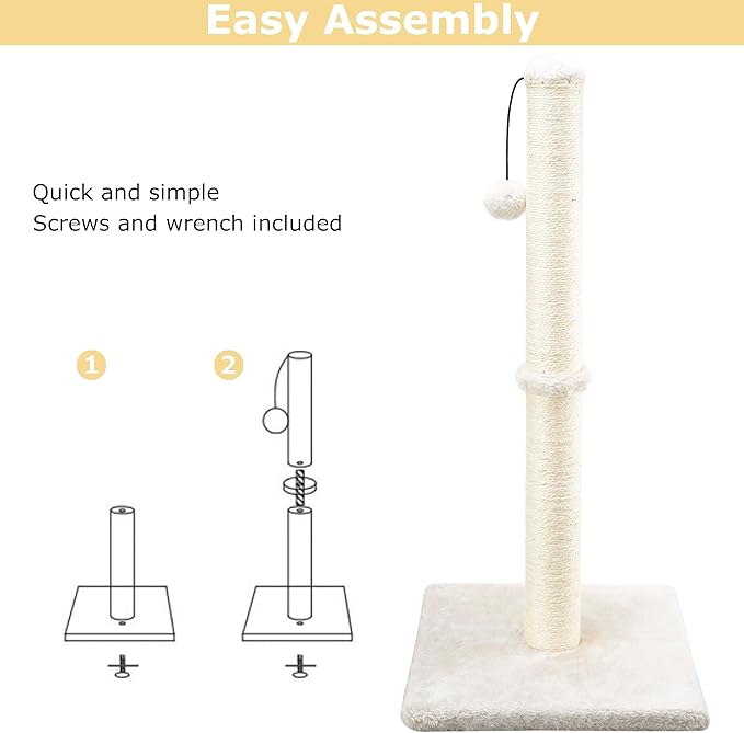 Dimaka 34" Tall Cat Scratching Post for Large Cats and Kittens, High Vertical Scratcher with Premium Natural Sisal Rope and Interactive Hanging Ball for Indoor Cats(Beige, 34 inches)