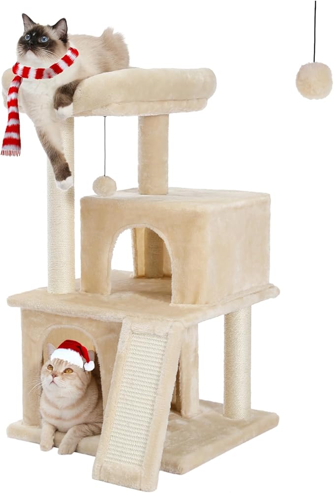 PAWZ Road Cat Tree Luxury Cat Tower with Double Condos, Spacious Perch, Fully Wrapped Scratching Sisal Posts and Replaceable Dangling Balls Beige
