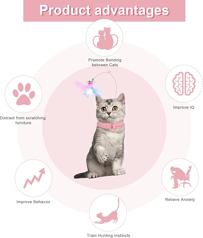 2pcs Cat Collar Toys, Silicone Feather Cat Teasing Wands with Neck Collar Adjustable Cat Wand Toys with Bell Cat Interactive Teaser Toys for Indoor Cat Playing Training