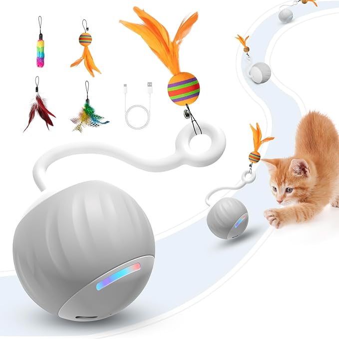 AMUSANG Smart Turbo Tail Cat Toy for Indoor Cats, Interactive Cat Toy Ball Speed Tail Cat Toys, with LED Lights and Feathers DIY 5 in 1 Automatic Cat Ball Toys Type-C Rechargeable (Grey)