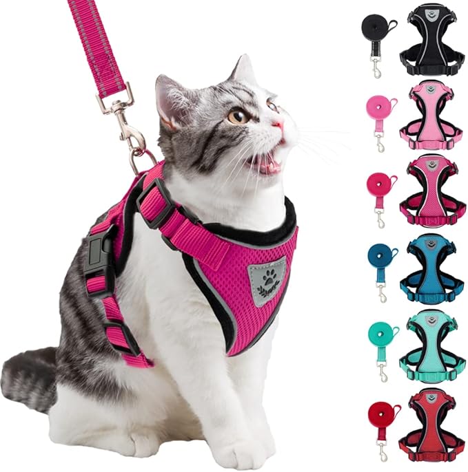 PUPTECK Cat Harness and Leash Set Escape Proof Reflective Cat Walking Harness Adjustable Soft Breathable Mesh Vest for Small Pets, Deep Pink, M