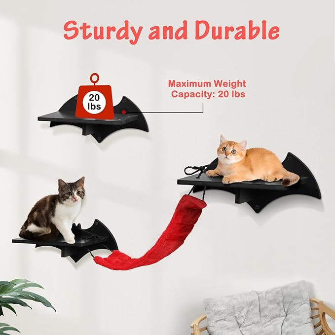 Gothic Cat Wall Shelves 4pcs Wall-Mounted Cat Climber Set Cat Tree Cat Bed with Bridge Ladder Wall Steps Scratching Board Posts Hanging Spider Toy Cat Condo Halloween Cat Wall Furniture for Cats