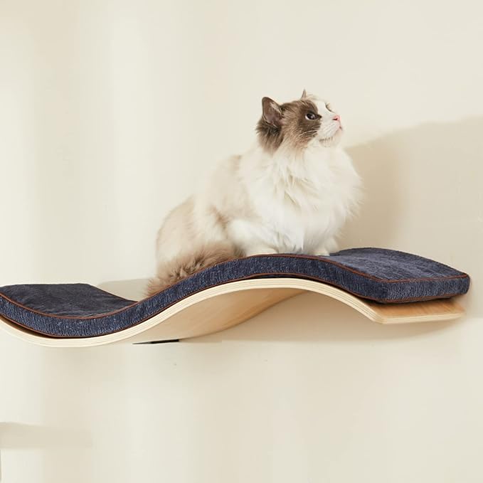 Cat Shelf with Comfortable Cat Cushion - Wave Modern Cat Bed - Minimalistic Floating Cat Wall Perch - Wooden Wall Mounted Cat Furniture for Sleeping, Playing, Climbing, and Lounging