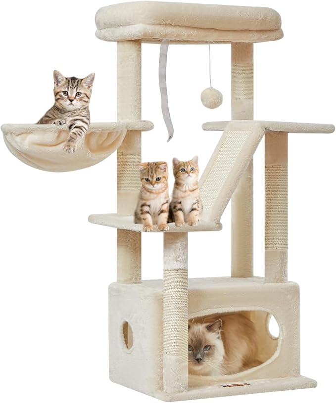 Taoqimiao Cat Tree,38.2-Inch Cat Tower for Indoor Cats,Suitable for Kittens with Luxurious cat condo with Adjustable Baskets and Luxurious Perch Beige MS029SM
