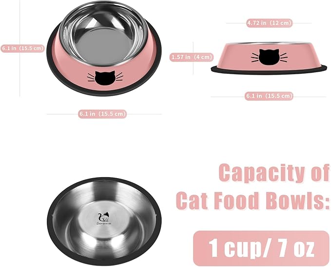 2Pcs Cat Bowls Non-Slip Stainless Steel Small Cat Food Bowls Unbreakable Thicken Cat Feeder 7 Oz Cat Dishes Suitable for Indoor Small Pets Removable Rubber Base Easily Clean Lovely Color