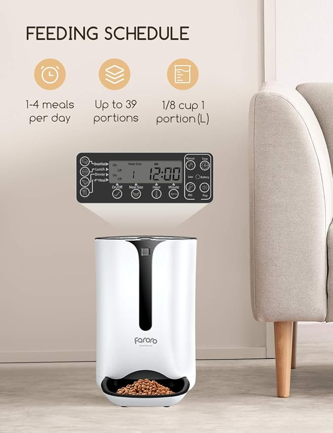 Automatic Cat Feeder, Faroro Dog Food Dispenser for Small Pets with Distribution Alarms, Portion Control, Voice Recorder and Programmable Timer for up to 4 Meals per Day