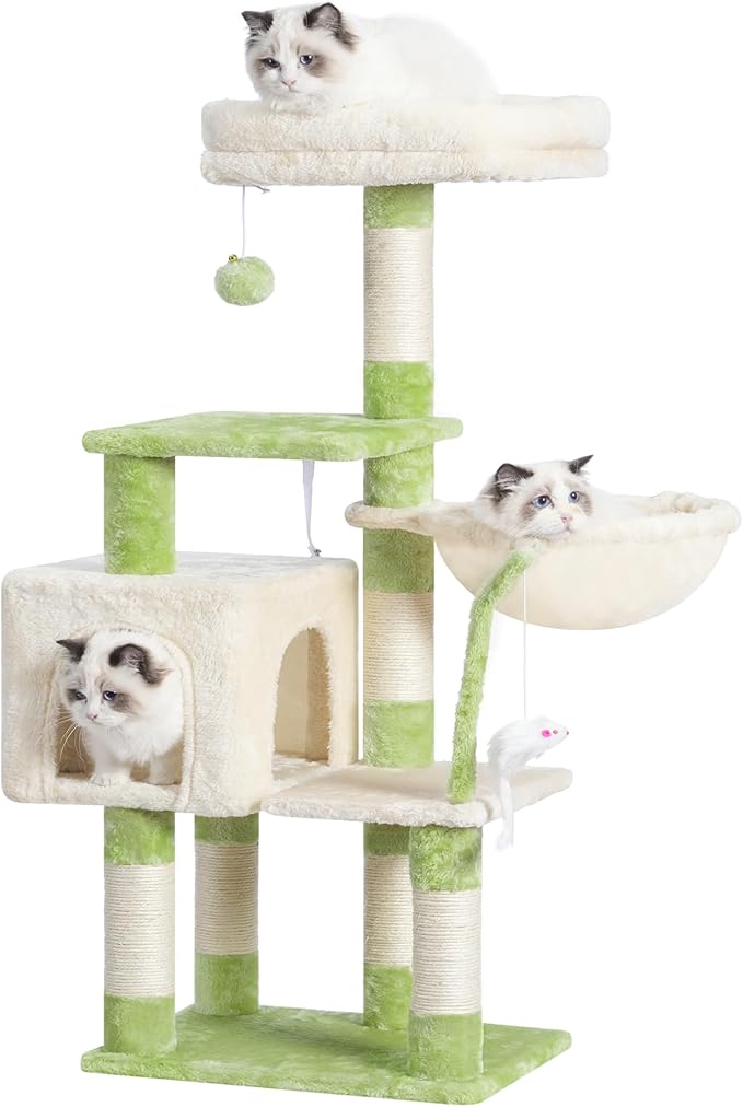 Heybly Cat Tree with Toy, Cat Tower condo for Indoor Cats, Cat House with Padded Plush Perch, Cozy Hammock and Sisal Scratching Posts, Green and Beige HCT004SGM