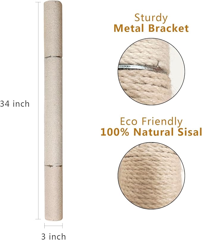 34" Wall Mounted Cat Scratcher for Indoor Large Cats, Extra Tall Wall Mounted Sisal Scratcher for Kittens, Sisal Cat Scratching Post,Cat Climbing Pole