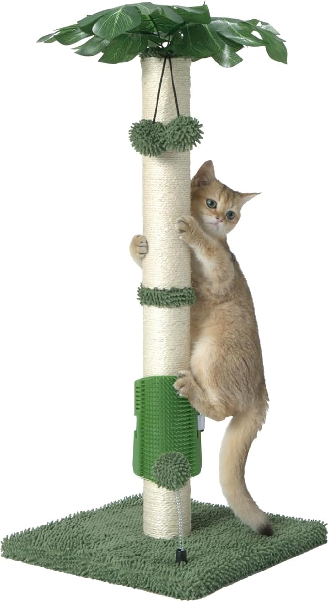 MECOOL Cat Scartching Post，30-inch Cute Scartching Posts for Indoor Cats and Kittens,Natural Sisal Rope and Hanging Ball Toy, Self-Grooming Brush,Green
