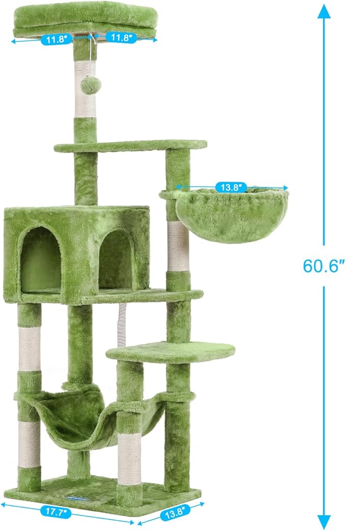 Hey-brother Cat Tree with Large Hammock, Multi-Level Cat Tower for Indoor Cats, Cat Condo with Sisal-Covered Scratching Posts and Top Perch, Green MPJ050GR