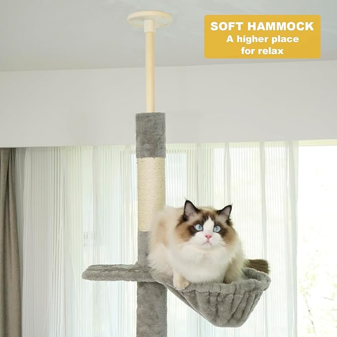 Floor to Ceiling Cat Tree, 5-Tier Height (86-109 inches) - Adjustable Cat Climbing Tower with Sisal Scratching Posts, Hammock, Platforms, and Hanging Balls