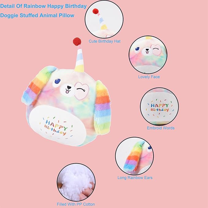 16 Inch Plush Rainbow Dog Stuffed Animal Happy Birthday Dog Hugging Pillow Birthday Dog Plushies Throw Pillow Birthday Rainbow Puppy Anime Gift for Kids and Lovers