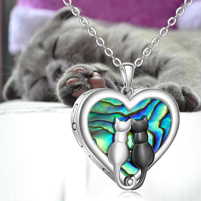 Cat Necklace for Women Ashes Cremation Cat Urn Necklaces for Women Abalone Shell Sterling Silver Paw Print Black Cats Yin Yang Memorial Keepsake Gifts