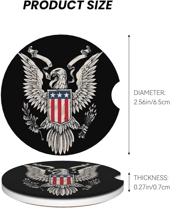 Absorbent Ceramic Car Coasters for Cup Holders, Bald Eagle Design 2.56" Anti Slip Universal Drink Cup Coasters for Women Men (2 Pack)