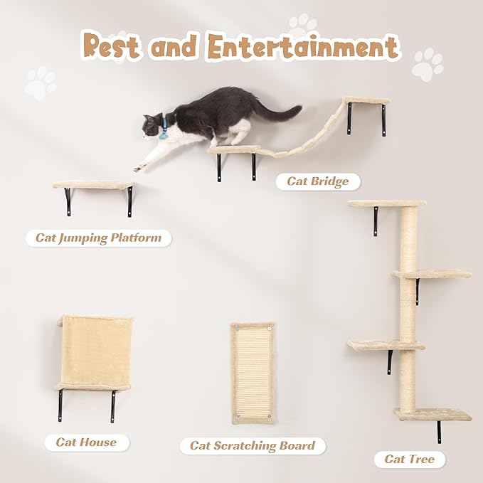 COZIWOW Cat Wall Shelves, Wall-Mounted Cat Climber Set of 5, Floating Cat Perches, Hanging Cat Beds, Modern Cat Furniture for Large Cats or Kitty (Beige)