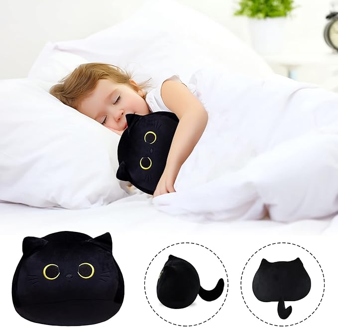 10'' Cute Black Cat Plush Toys, Soft Pillow Squishy Plushies, Kawaii Cat Stuffed Animals for Home Decoration, Gift for Cat Lovers, Kids, Boys & Girls (Black, 10 Inch)