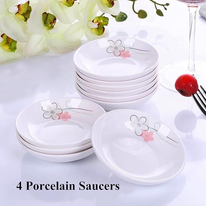 4 Pack Saucer Dishes with Pink Flower Pattern, Ceramic Dipping Bowls, 4 Inch Side Dishes Sauce Dishes for Sushi Snack, Porcelain Seasoning Dishes Appetizer Plates, Snack Serving Dishes