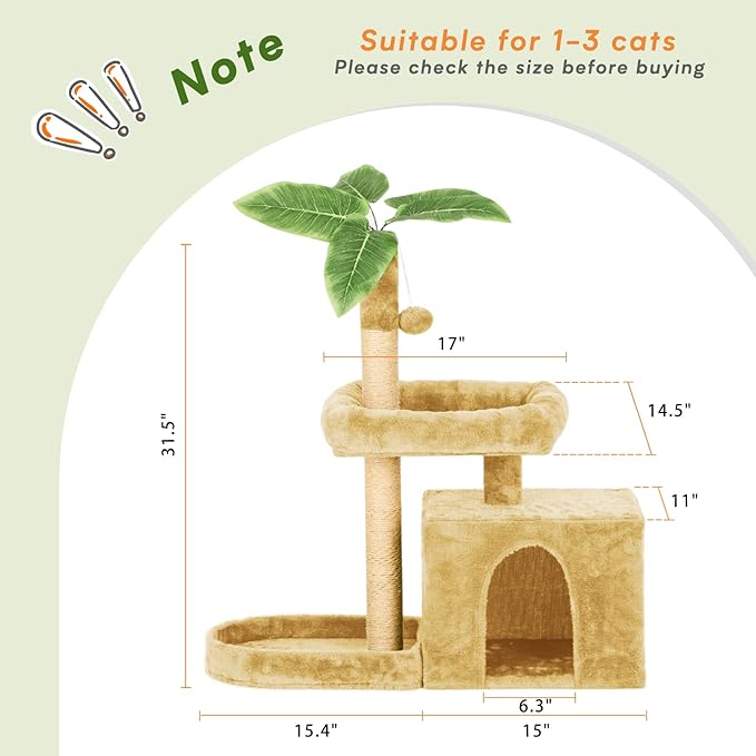 31.5" Cat Tree Cat Tower for Indoor Cats with Green Leaves, Cat Condo Cozy Plush Cat House with Hang Ball and Leaf Shape Design, Cat Furniture Pet House with Cat Scratching Posts, Beige