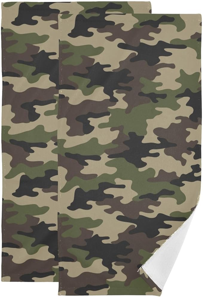 2 Pack Green Camouflage Hand Towels for Bathroom,Soft Absorbent Black Brown Army Hunting Camo Themed Bath Hand Towels for Kitchen,Decorative Guest Bathroom Towels for Face,Shower,Gym 14"x28"