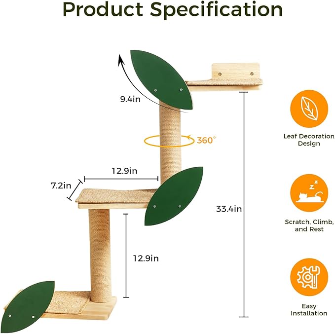 Meowoou Cat Wall Shelves Cat Scratching Post Wall Mounted Perch, 3 in 1 Cat Steps Wall Jungle Platform Supplies Suit for Cats Climb Play Scratch Nap