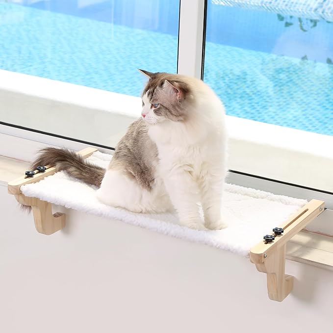 Easy Seat Cat Perch for Window Sill - Hammock Design w/Pine Wood & Robust Metal Frame - Cat Window Seat for Large Cats and Kittens (Natural Color Wood w/White Bed, Large (26''W x 14''D))