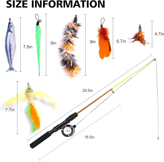 9 PCS Cat Fishing Pole Toy, Retractable Cat Feather Toys with Cat Wand Plush Fish Worm Feathers with Bells Catnip Interactive Cat Teaser Toys for Kitten Cat
