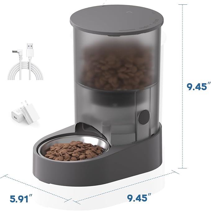 Automatic Cat Feeder, Rechargable 4L Cat Food Dispenser, Timed Pet Feeder with Dry Food Dispenser,Auto Feeder Up to 6 Meals, 6 Portions Per Meal - Grey