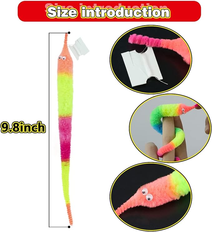 10 PCS Rainbow Fuzzy Worms On String Bulk Trick Toy Party Favors for Kid Cat ，Fuzzy Worm Toys String Pets