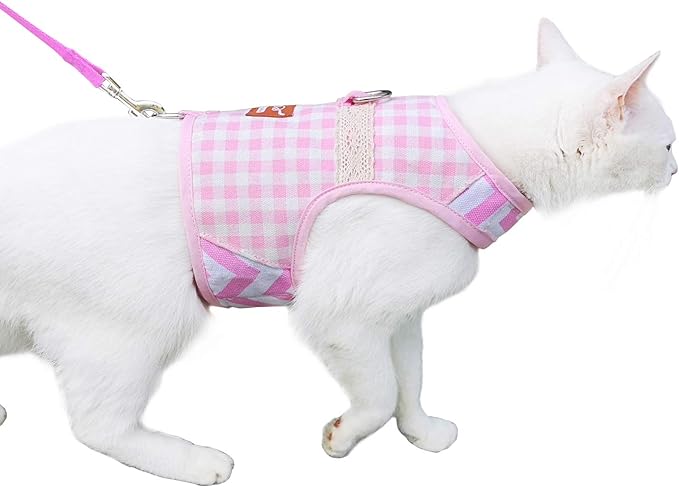 Cat Harness and Leash for Walking Escape Proof, Adjustable Cat Vest Harness, Padded Stylish Cat Walking Jackets, Pink Plaid, Medium