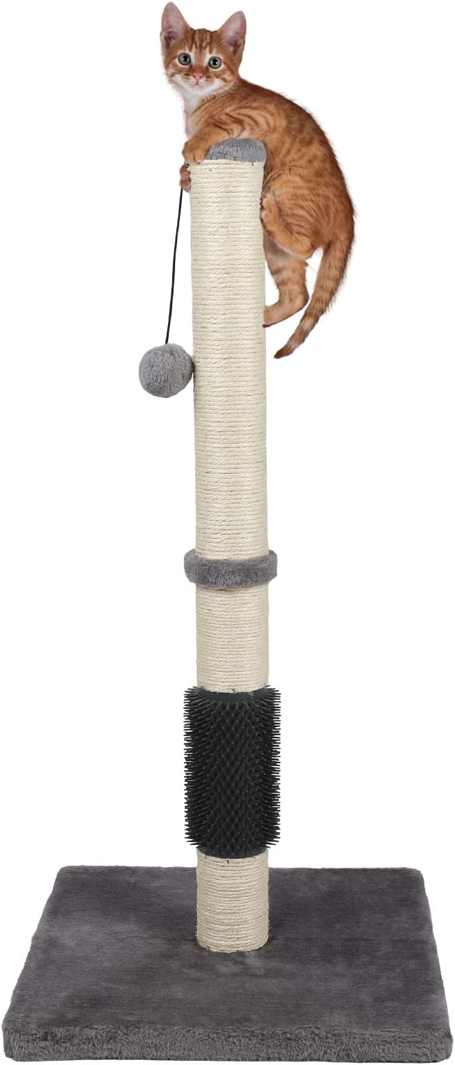 ANWA Tall Cat Scratching Posts for Indoor Cats and Kittens, 32” Vertical Scratching Post with Reinforced Base, Premium Sisal Cat Scratching Post with Dangling Plush Ball and Self-Grooming Brush