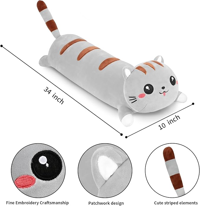AFAN Cute Long Cat Plush Kawaii 34”Body Pillow Cat Stuffed Animals Soft Plushies Cuddly Cotton Kitten Sleeping Pillow Back Cushion Stuffed Plush Doll Toy Gift for Kids Girlfriend （Grey）